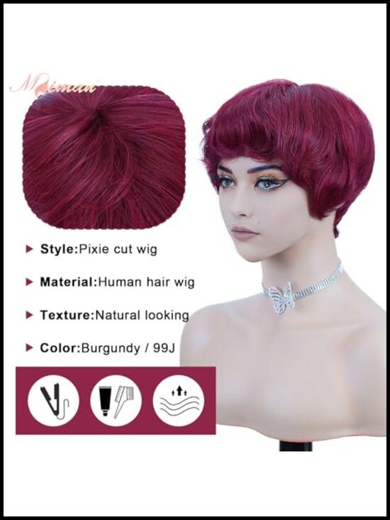 Short Layered Pixie Cut Human Hair Wig with Bangs for Daily Wear and Cosplay